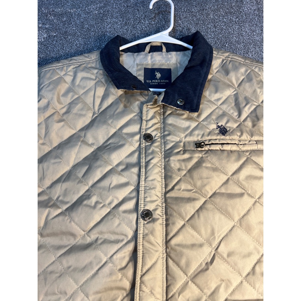 US Polo Assn Mens XL Quilted Vest Tan Khaki Navy Corduroy Collar Snap Front